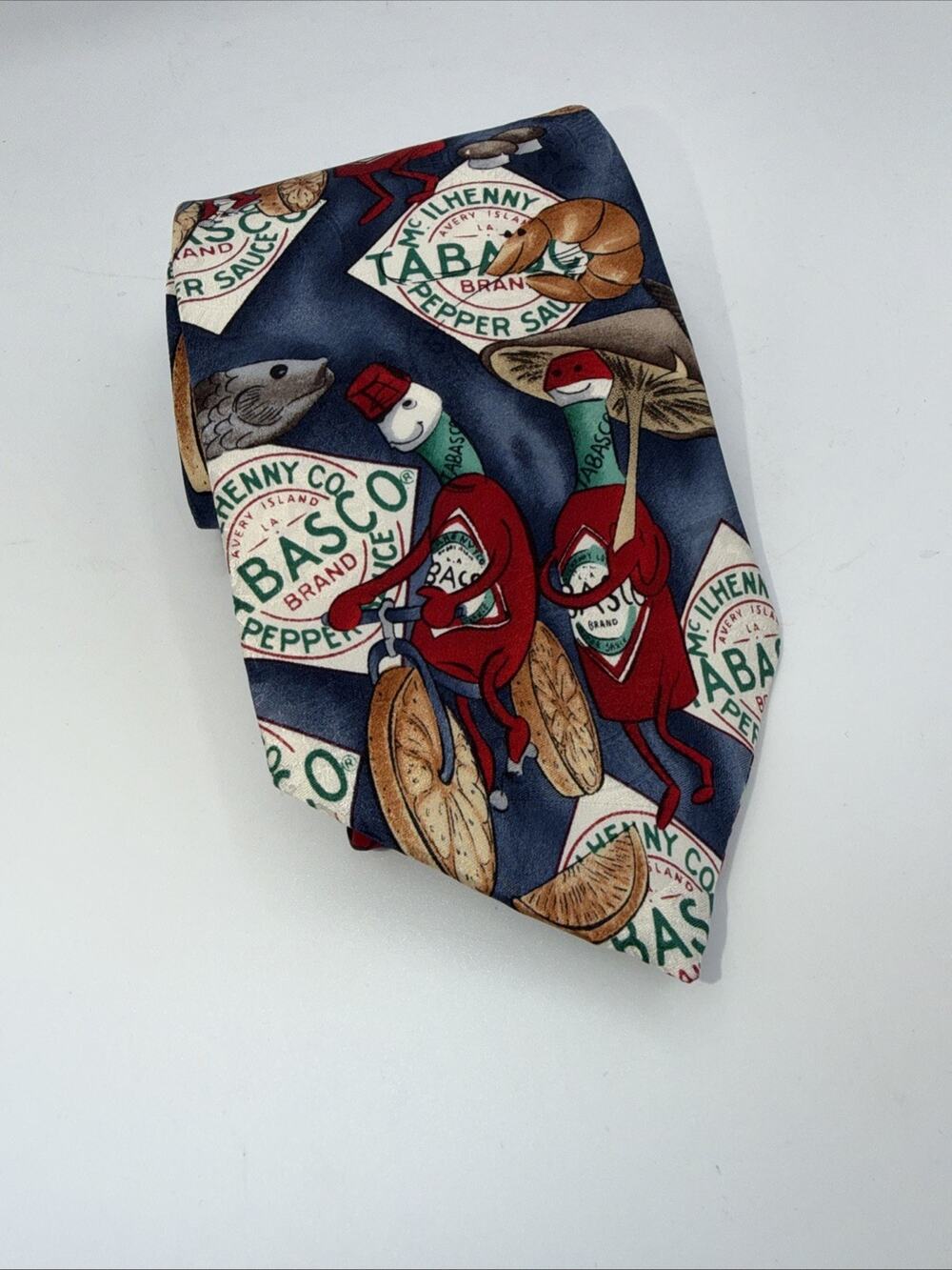 Tabasco Hot Sauce Tie Bicycle Shrimp Fish Themed Men’s 100% Silk Made in USA